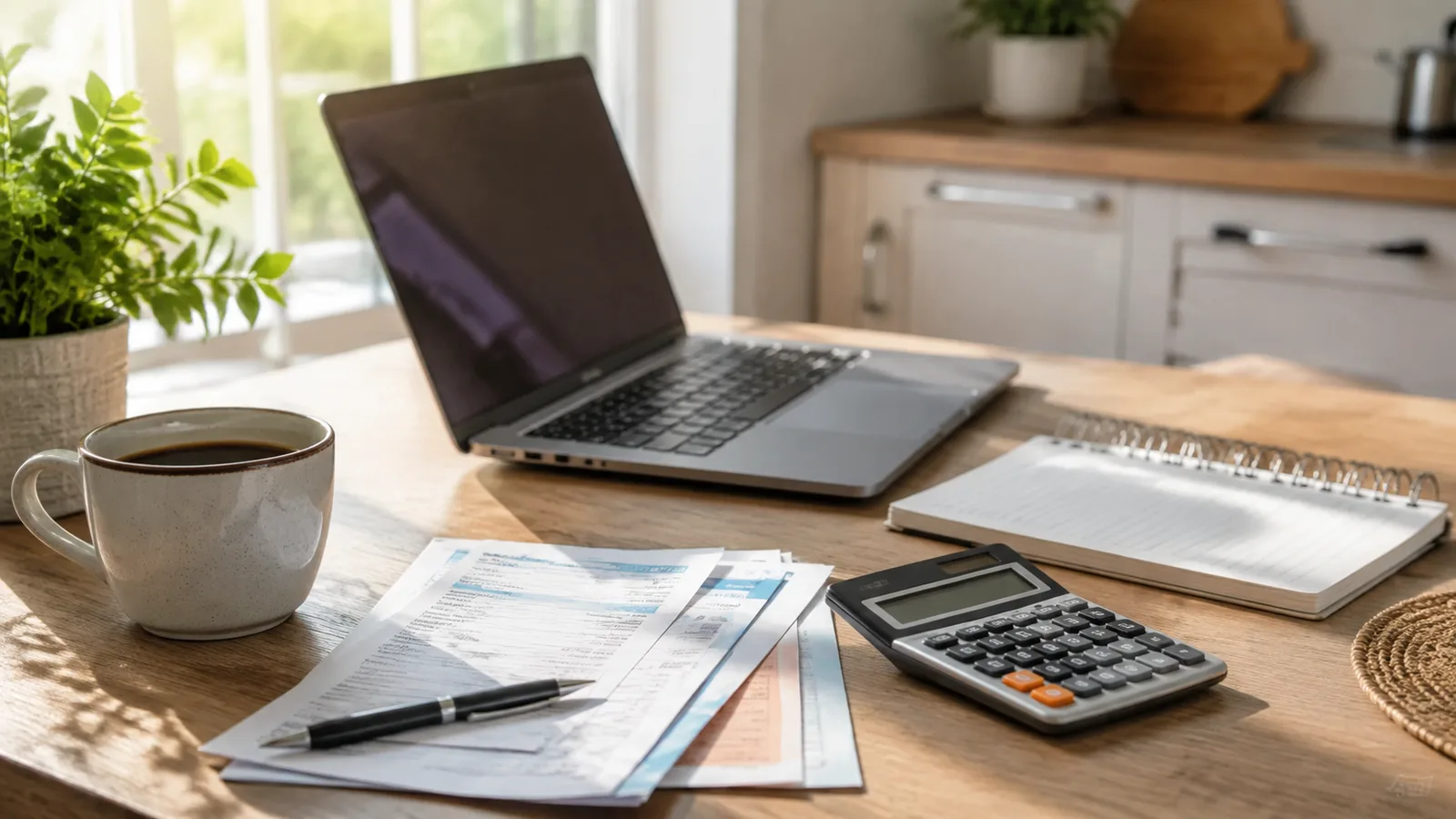 Kitchen table with a laptop, calculator, paper bills, and notebook for reviewing rising monthly costs