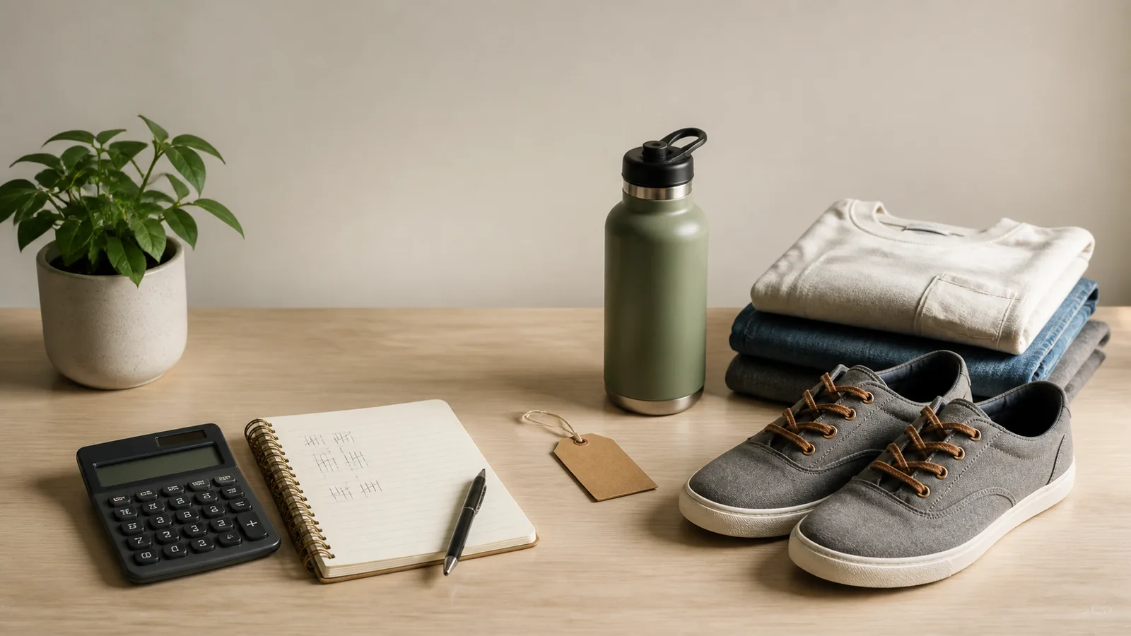 Calculator, notebook, price tag, folded clothing, water bottle, and everyday shoes arranged on a desk for a purchase decision