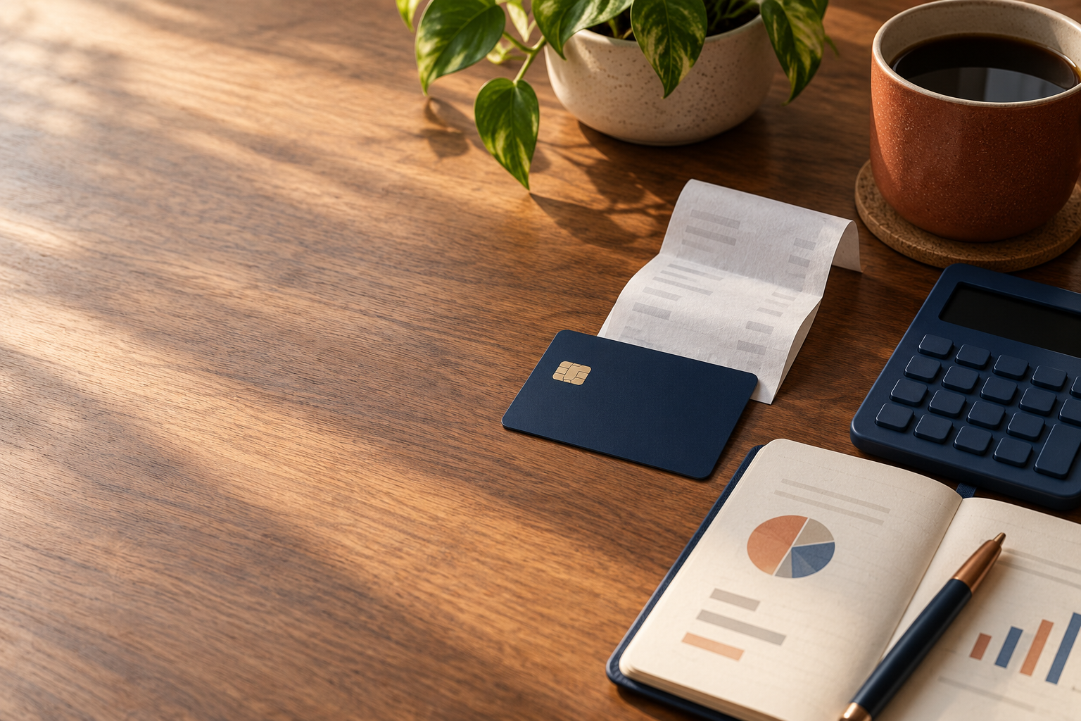 Unbranded bank card, folded ATM receipt, notebook, and calculator arranged on a wooden desk