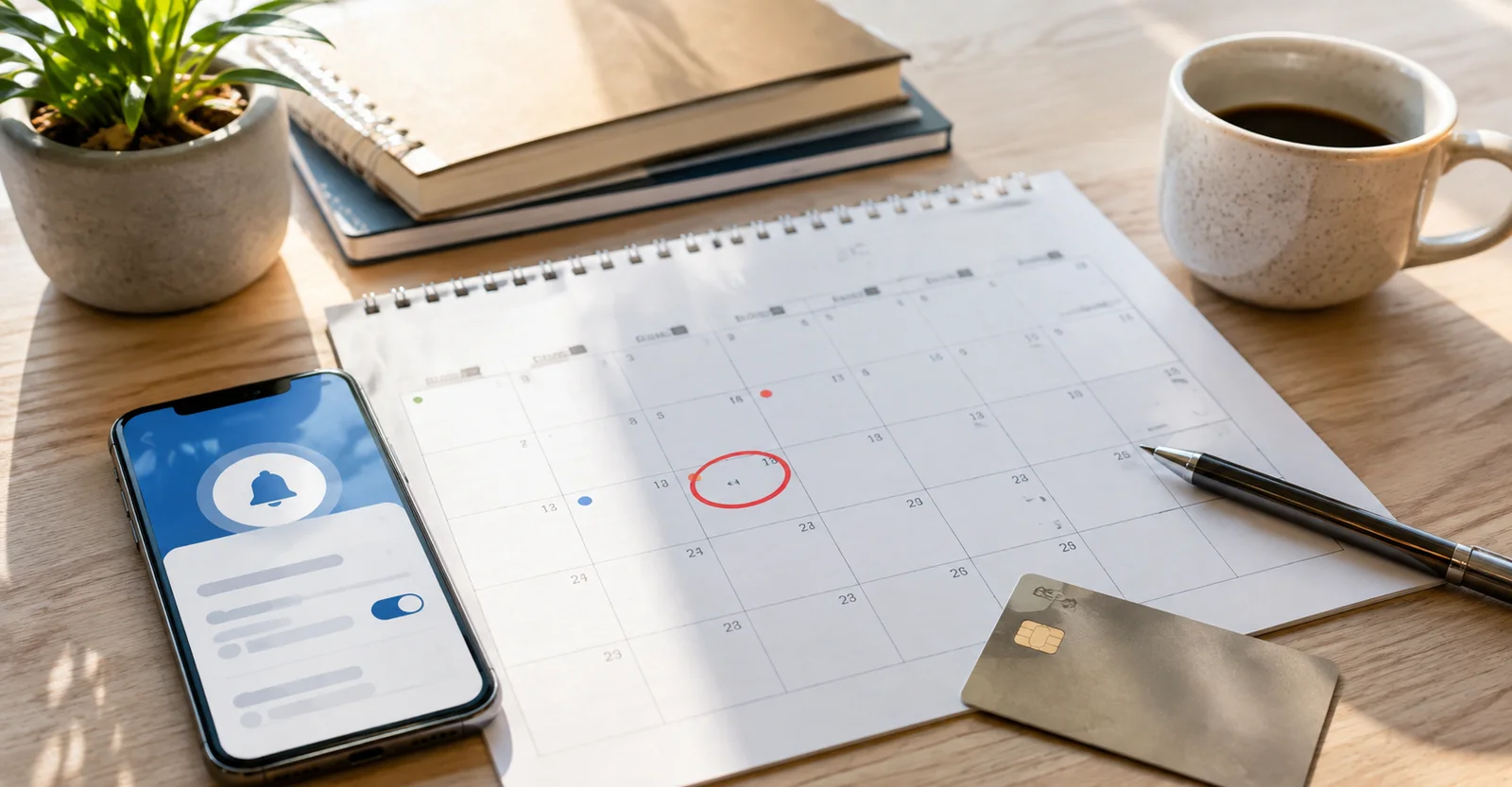 Desk with a paper calendar, payment reminder on a phone, pen, and credit card