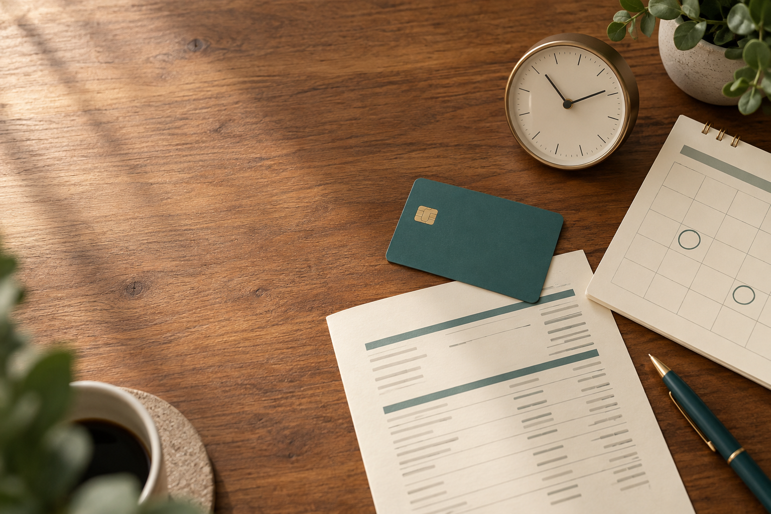 Blank credit card beside a billing statement, paper calendar, clock, and pen on a wooden desk