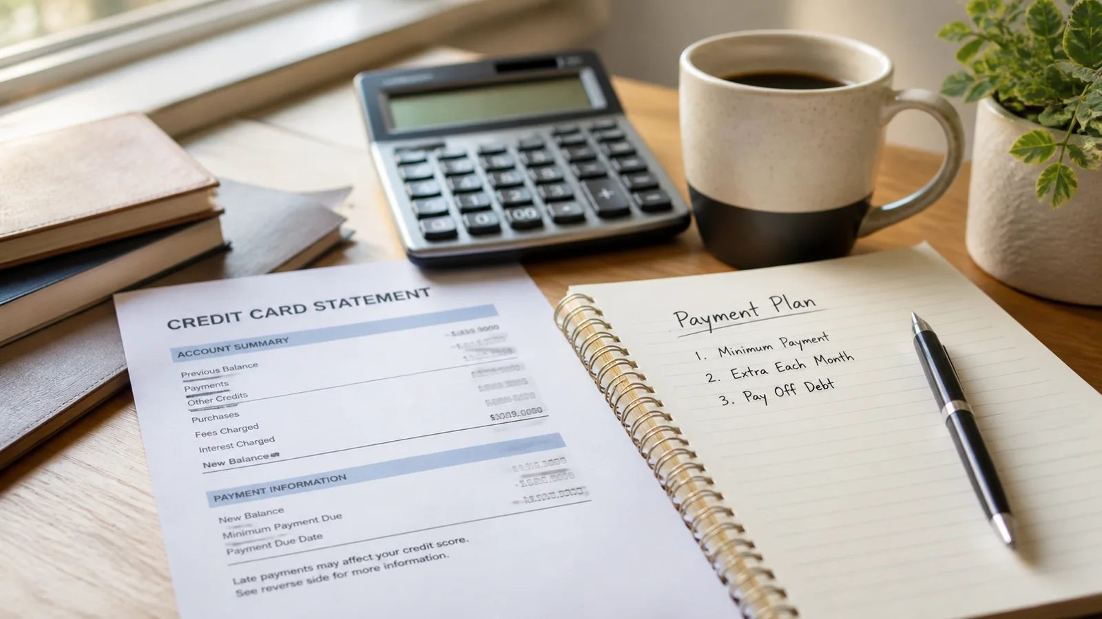 Desk with a credit card statement, calculator, notebook payment plan, and pen