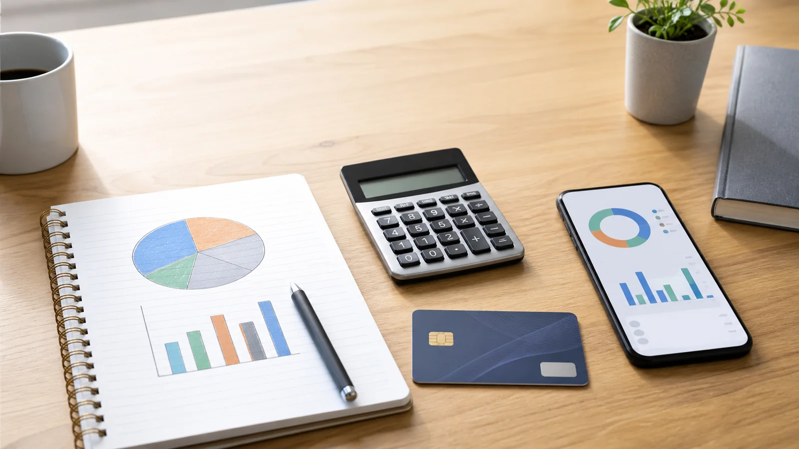 Desk with a budget notebook, calculator, phone spending chart, and unbranded credit card