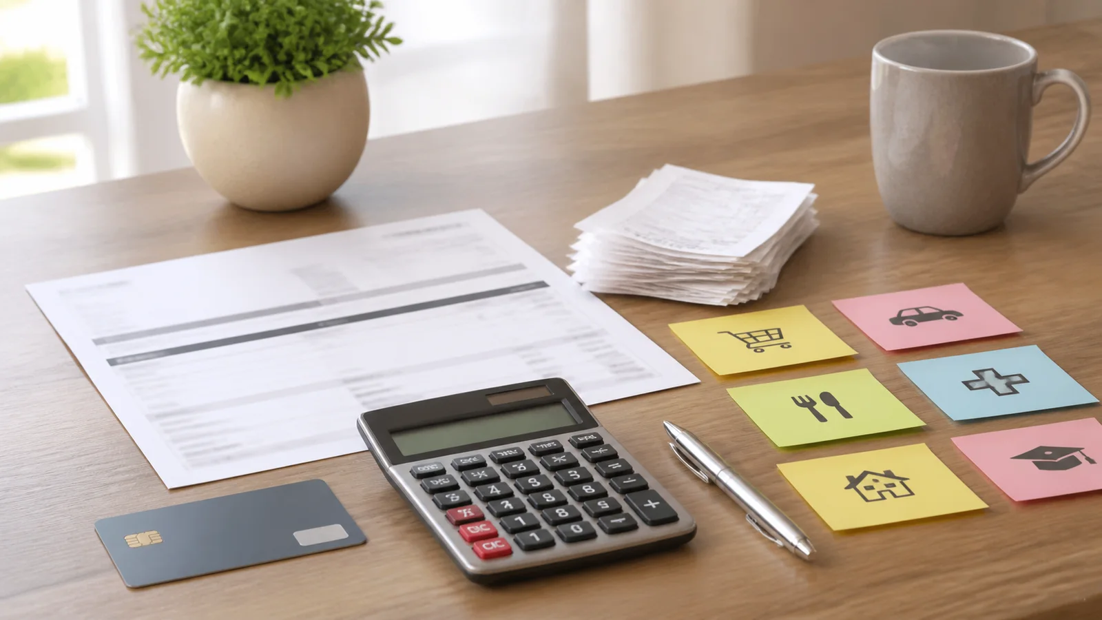 Credit card statement, calculator, bank card, receipts, and category notes arranged on a sunlit desk