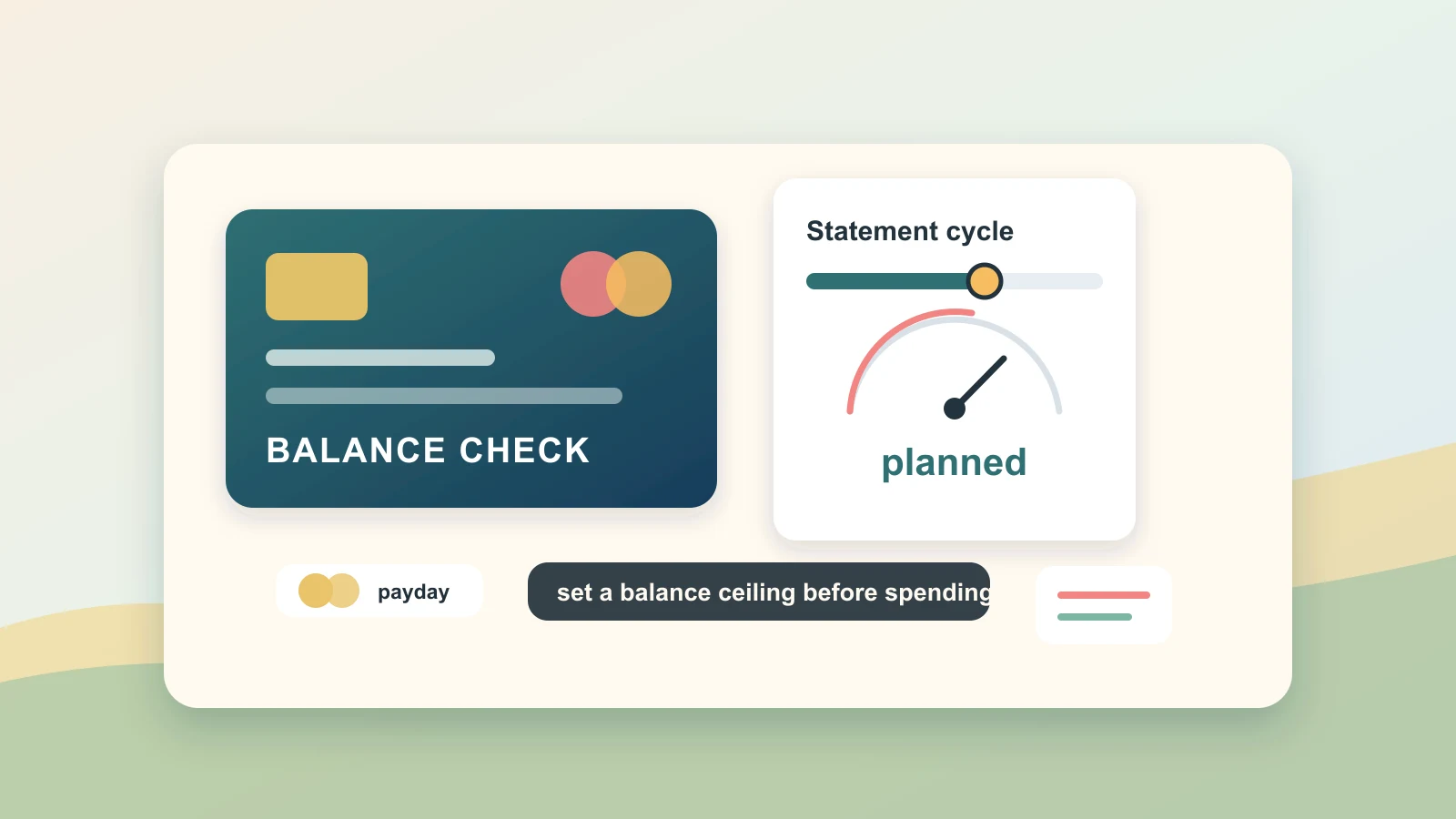 Desk with a credit card statement, balance gauge, payment calendar, coins, and budget notes