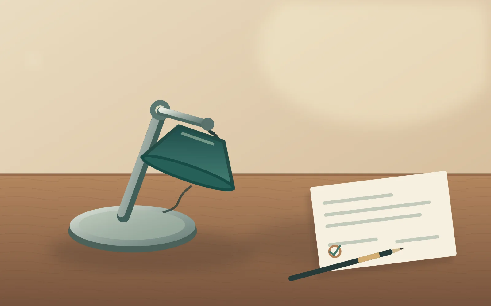 Illustration of a desk lamp with a loose shade beside a repair estimate and pencil on a wooden table