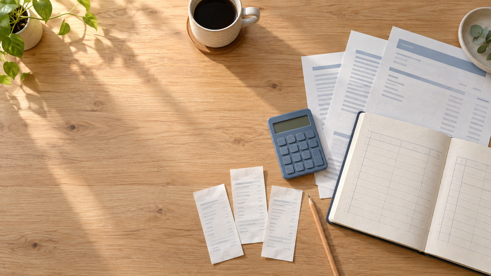 Overhead view of an unbranded ledger notebook, paper account statements, calculator, pencil, and payment receipts on a wooden desk