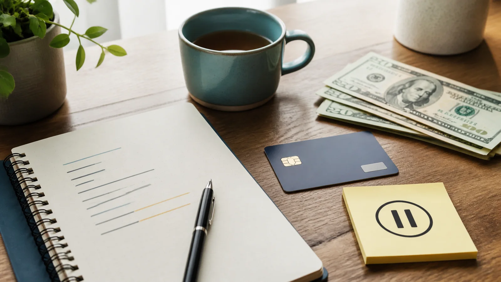 Desk with a notebook, bills, a credit card, and a pause symbol on a sticky note for a debt payoff pause plan