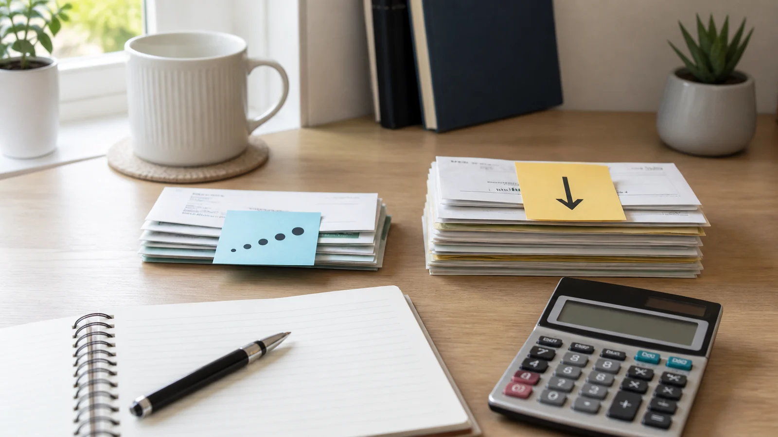 Desk with a notebook, calculator, and two stacks of bills representing debt snowball and debt avalanche payoff methods