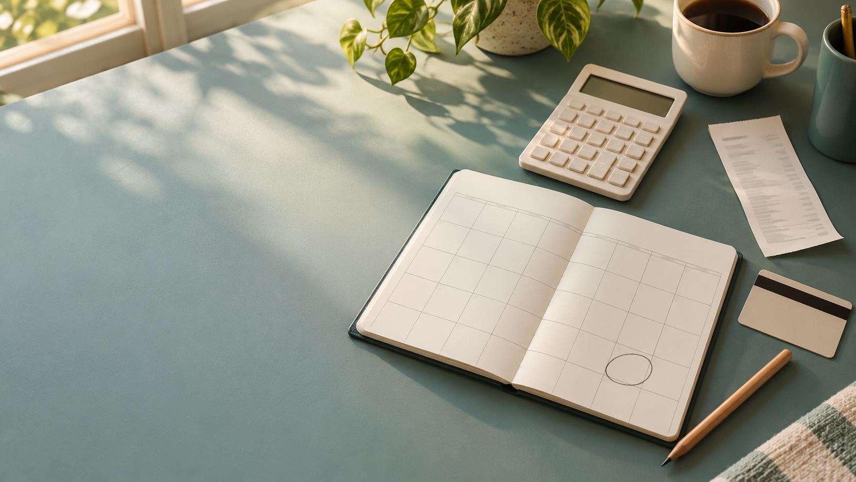 Blank monthly calendar with a marked payoff deadline beside a calculator, receipt, pencil, and unbranded credit card on a home desk