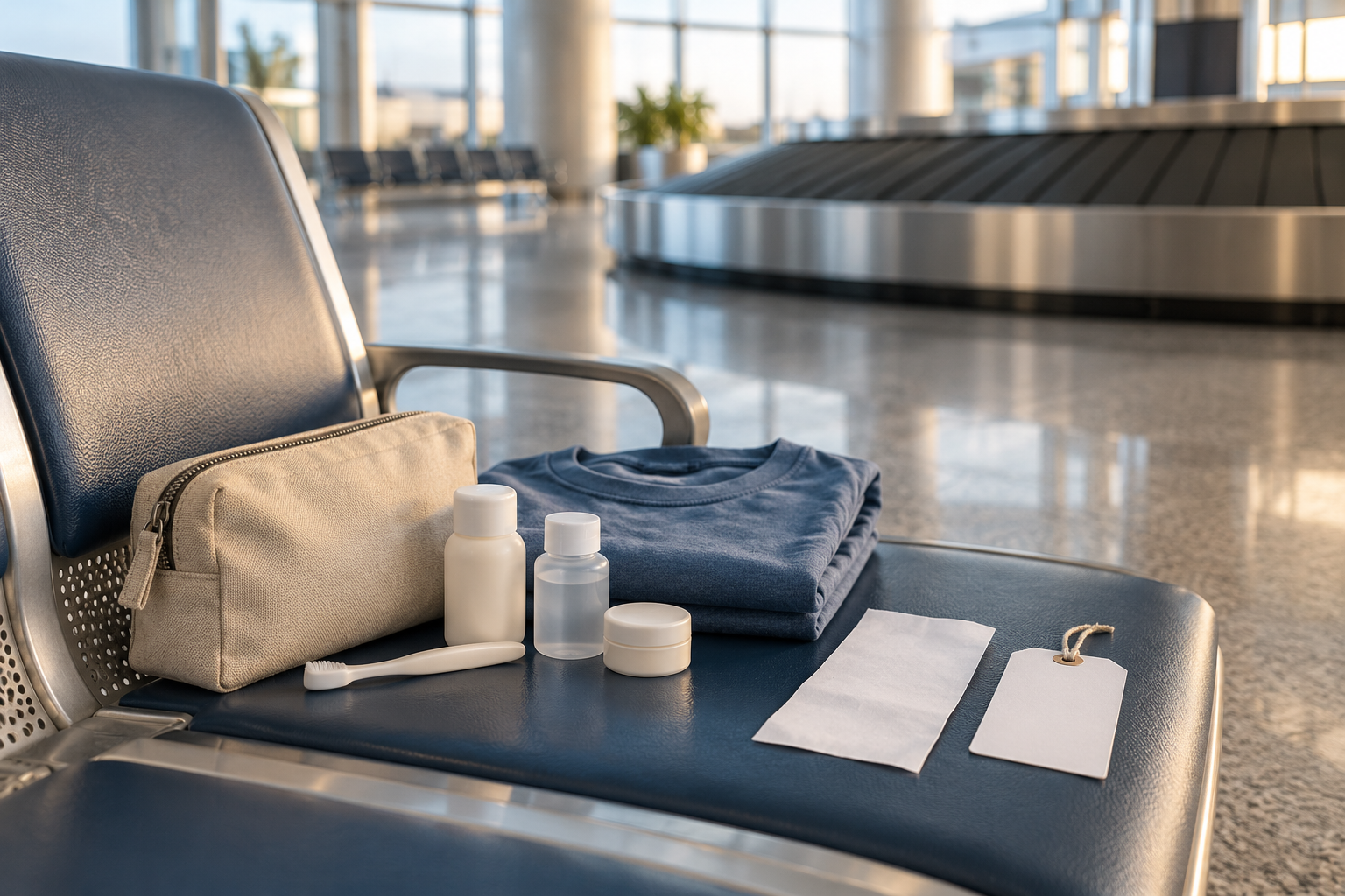 Overnight essentials, a blank receipt, and a blank luggage claim slip on an airport bench beside a blurred baggage carousel