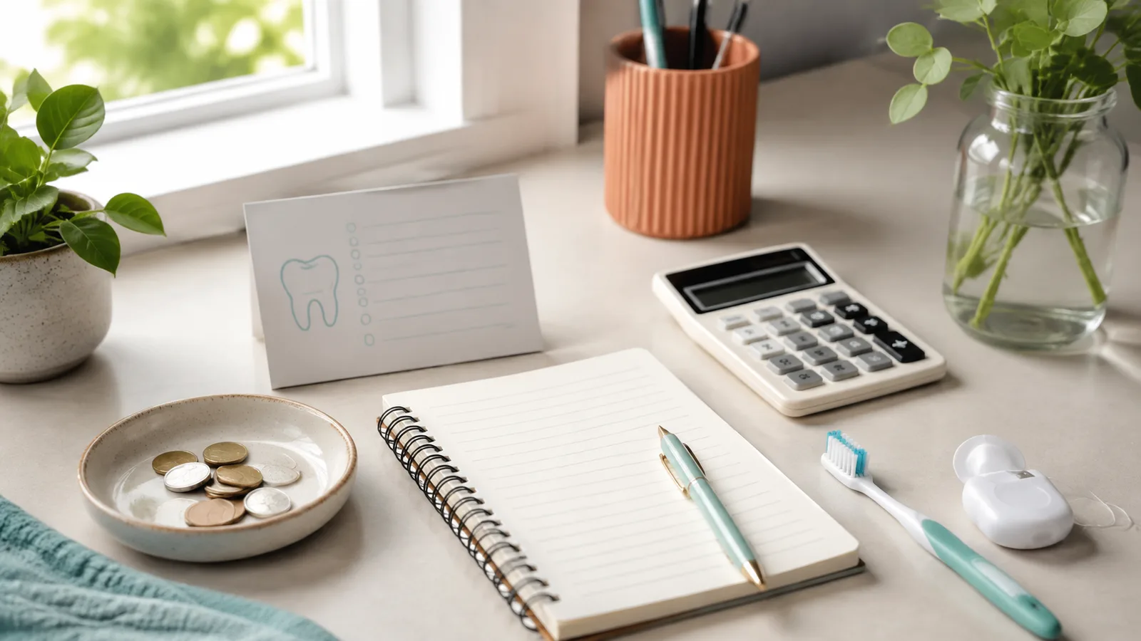 Dental appointment card, calculator, blank budget notebook, toothbrush, floss, and coins on a bright desk
