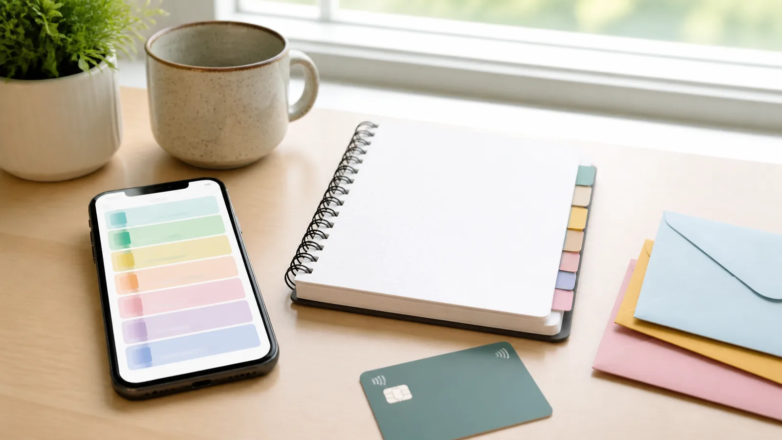 A bright desk scene with a smartphone showing colored budget buckets beside a notebook, envelopes, and a debit card