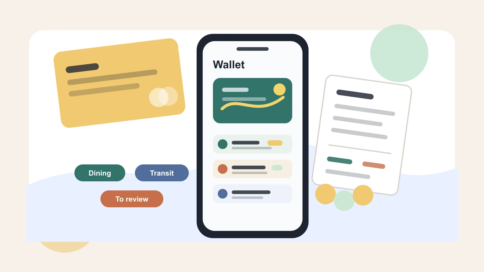 Phone with digital wallet cards beside receipts, category labels, coins, and a weekly spending checklist
