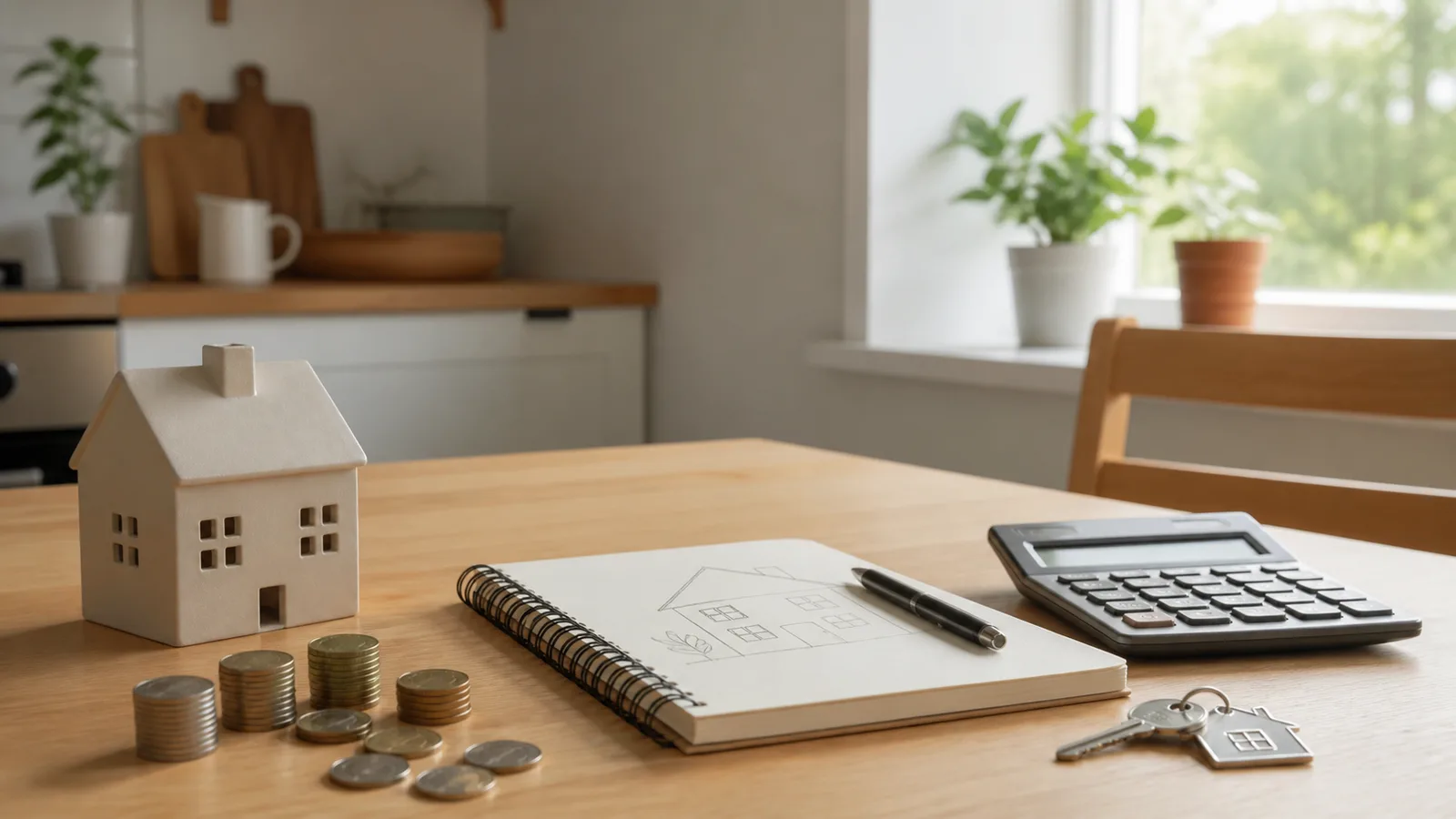 House model, keys, coins, calculator, and notebook sketch arranged on a bright kitchen table for planning home savings