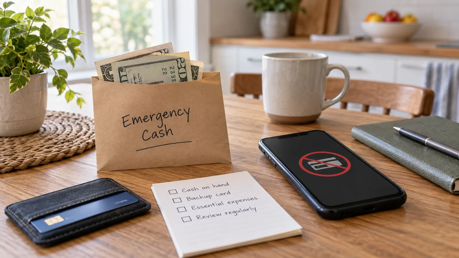 A small cash envelope, debit card, phone, and checklist on a kitchen table for emergency payment planning