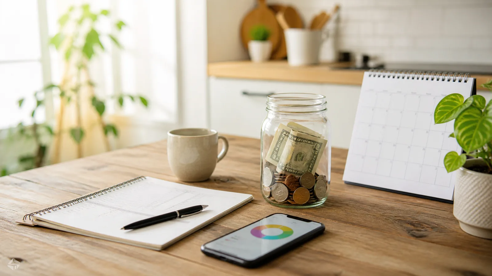 Savings jar, budget notebook, calendar, and phone expense chart on a calm kitchen table