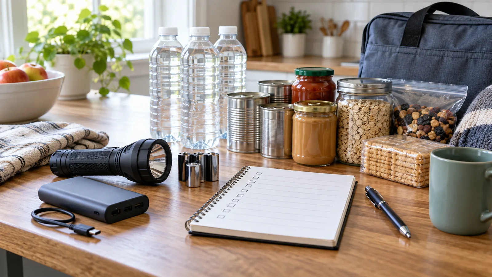 Kitchen table with a flashlight, batteries, bottled water, pantry food, power bank, pen, and blank emergency checklist