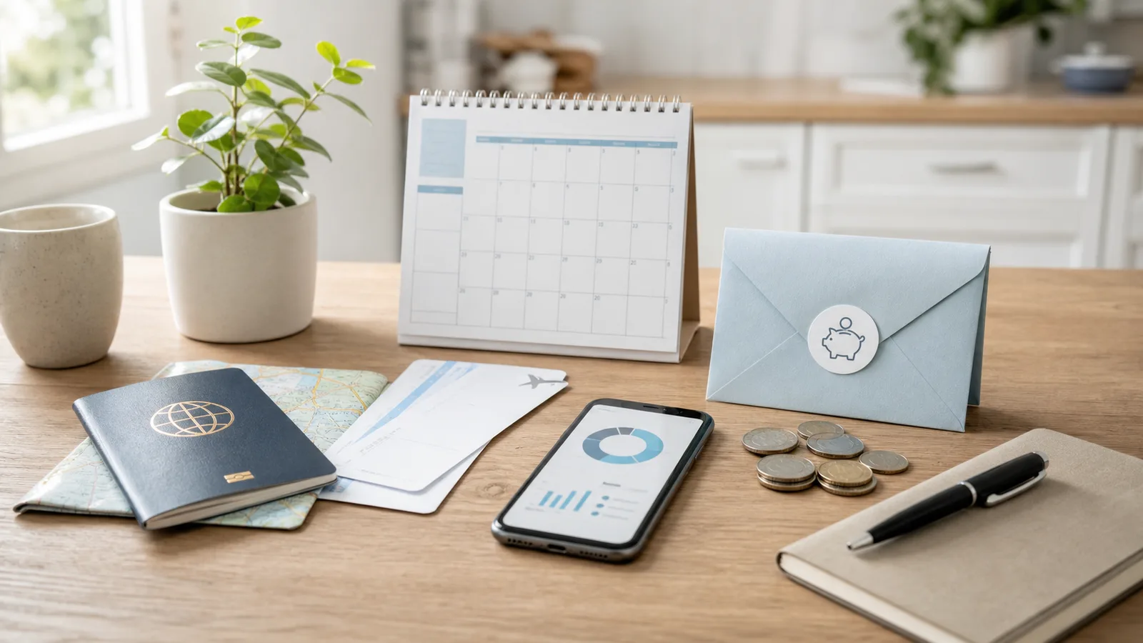 Passport, map, calendar, savings envelope, coins, and phone budget chart arranged on a bright desk for emergency travel planning