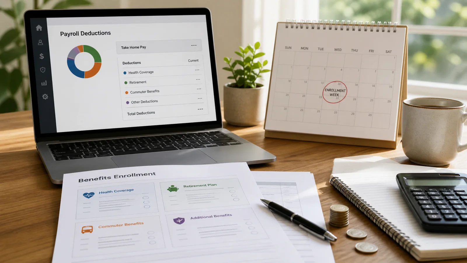 Laptop with a payroll deductions dashboard beside benefits enrollment forms, a calendar, calculator, pen, and coins on a bright desk