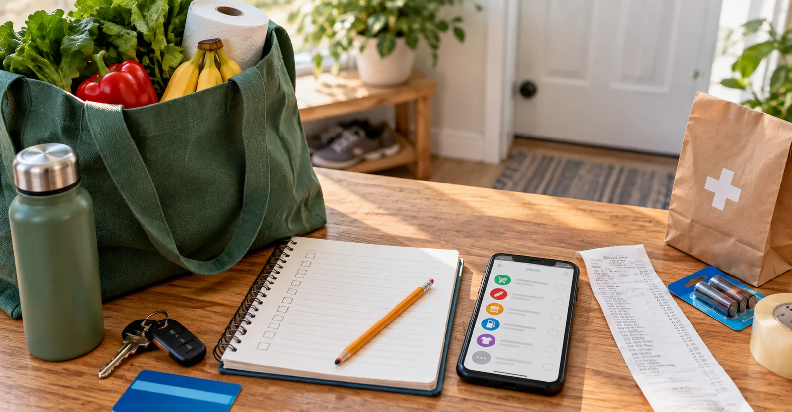 Reusable shopping tote, checklist notebook, receipt, keys, and phone arranged on a table before errands