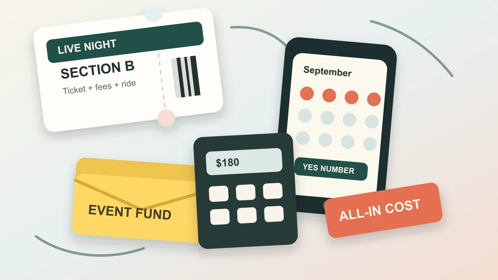 Concert tickets, a phone calendar, cash envelopes, and a calculator arranged on a desk for planning event spending