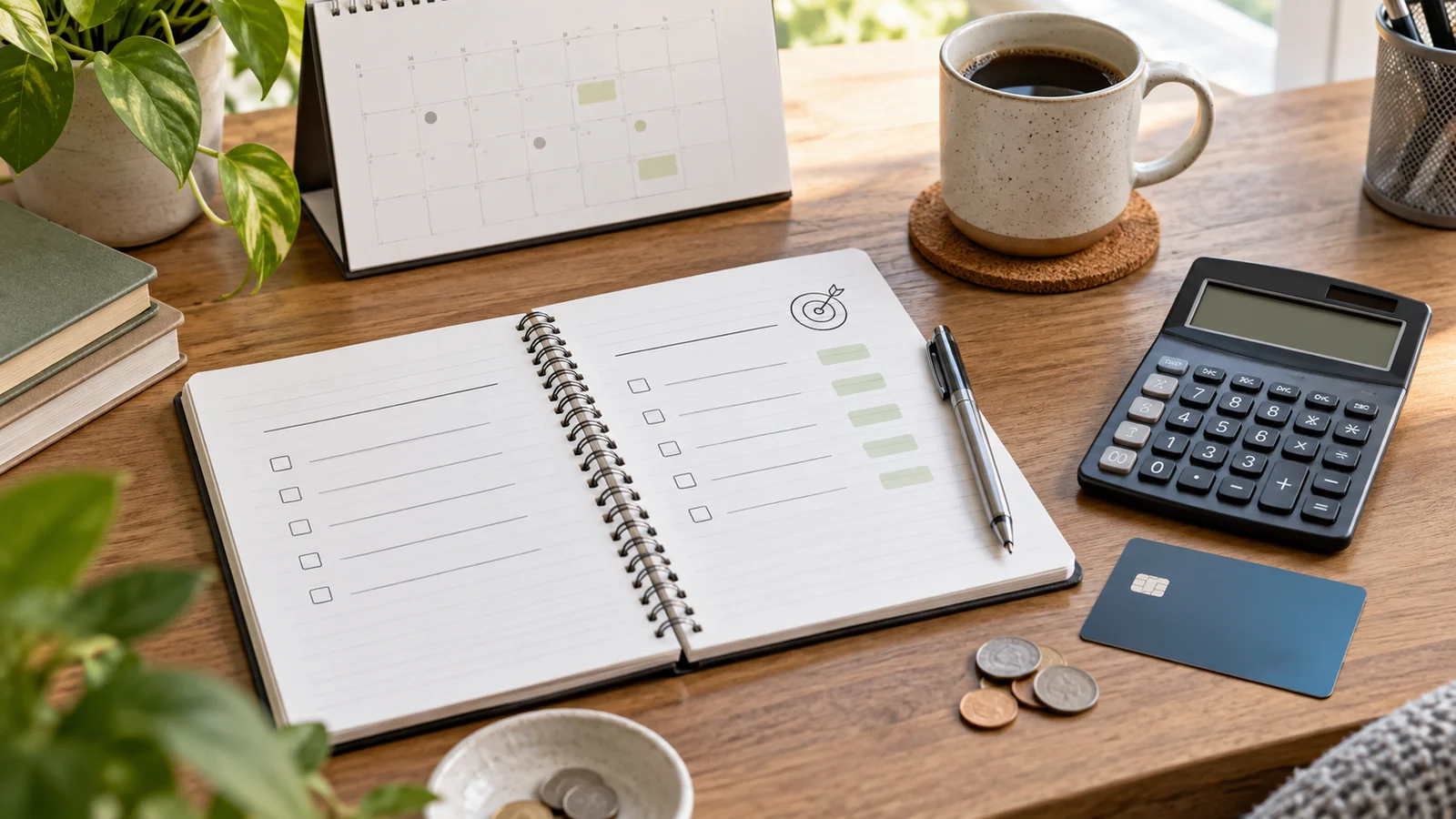Bright desk with an open debt payment planner, calendar, calculator, payment card, coins, and coffee arranged for a cash-flow review