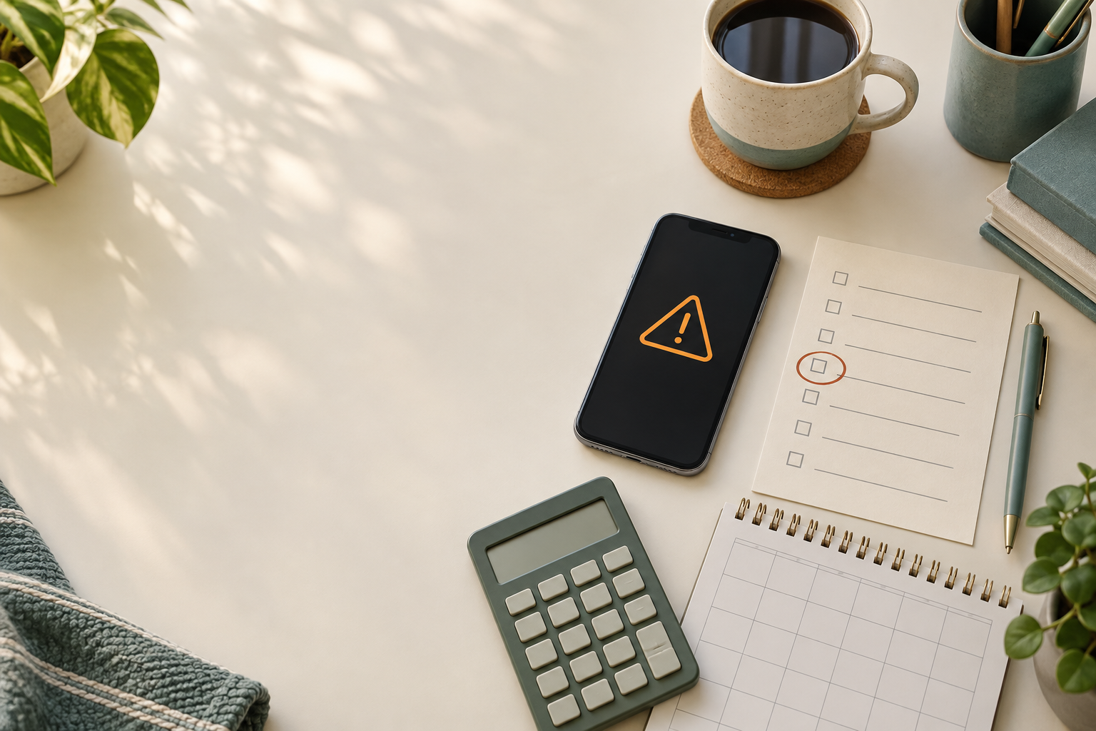 Phone with a generic payment alert beside a paper bill checklist, circled calendar date, pen, and calculator on a tidy desk