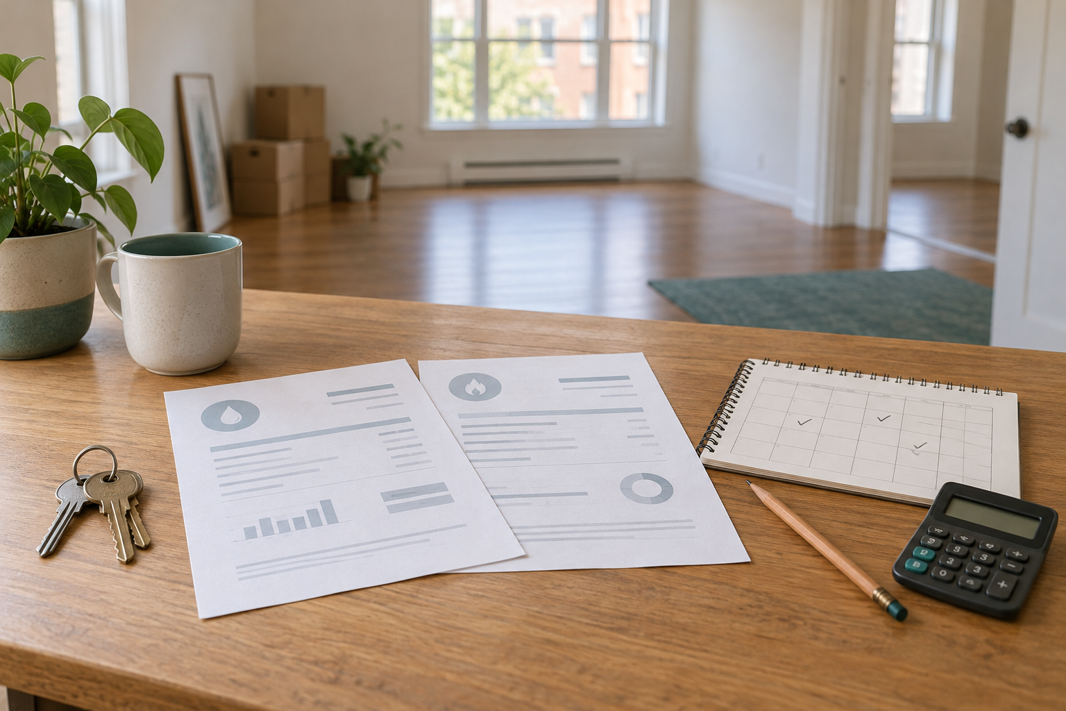 Apartment keys beside unbranded utility statements, a checked calendar, pencil, and calculator on a wooden desk