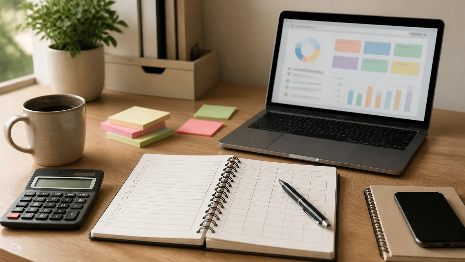 Tidy desk with a budget notebook, calculator, sticky notes, and tablet showing simple spending charts