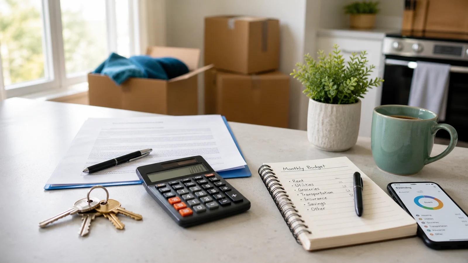Apartment keys, lease paperwork, calculator, budget notebook, phone, and moving boxes on a bright desk