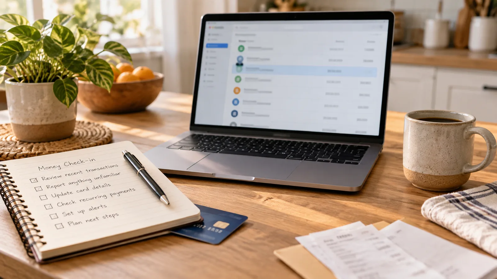 Laptop with a generic transaction list, notebook, bank card, pen, and coffee arranged for reviewing suspicious charges