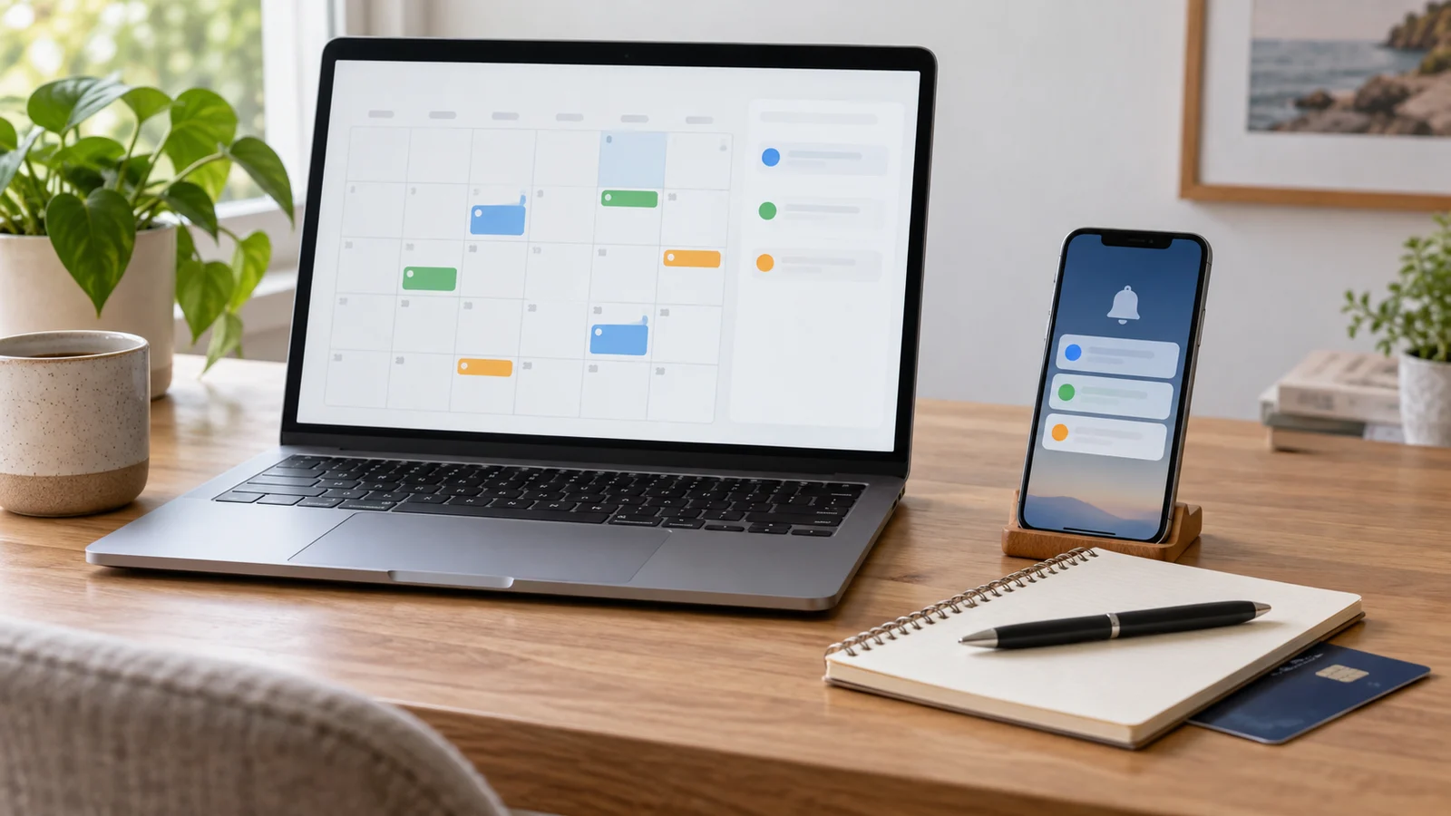 Laptop calendar and phone reminders on a tidy desk beside a notebook, pen, and debit card