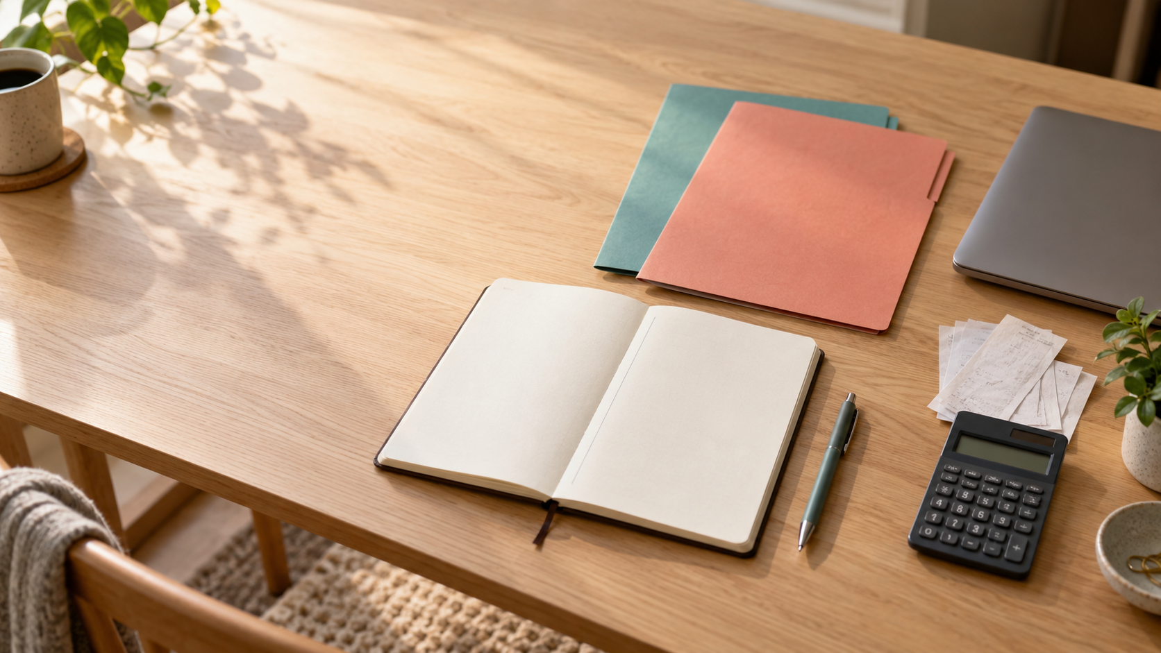 Open blank notebook beside two plain folders, receipts, a calculator, pen, and closed laptop on a sunlit desk