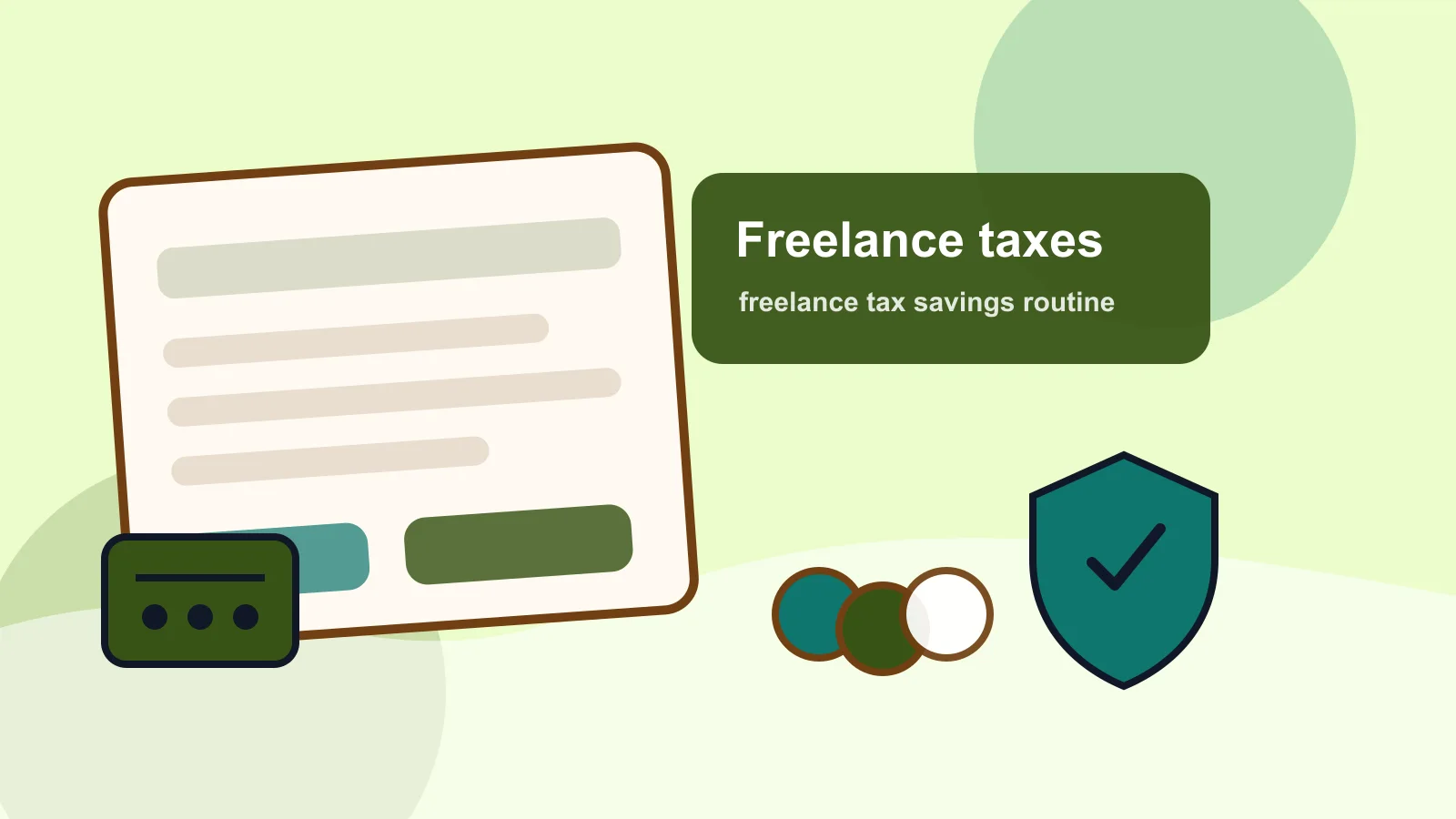 Freelance invoice, tax folder, calculator, laptop, and separate savings jar on a work desk