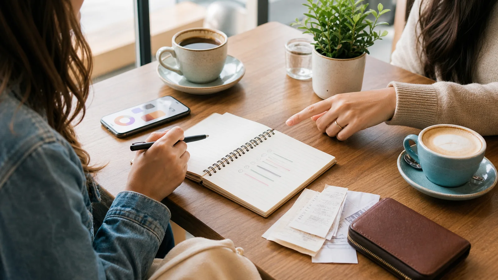 Two friends reviewing a notebook budget with coffee, receipts, a phone, and a wallet on a cafe table