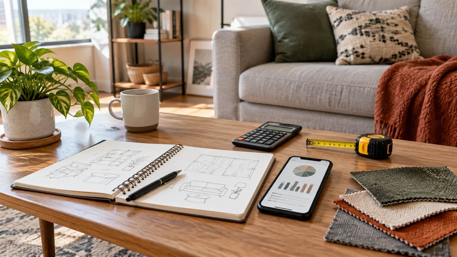 Living room corner with a notebook, calculator, measuring tape, phone chart, and fabric swatches arranged for planning furniture purchases