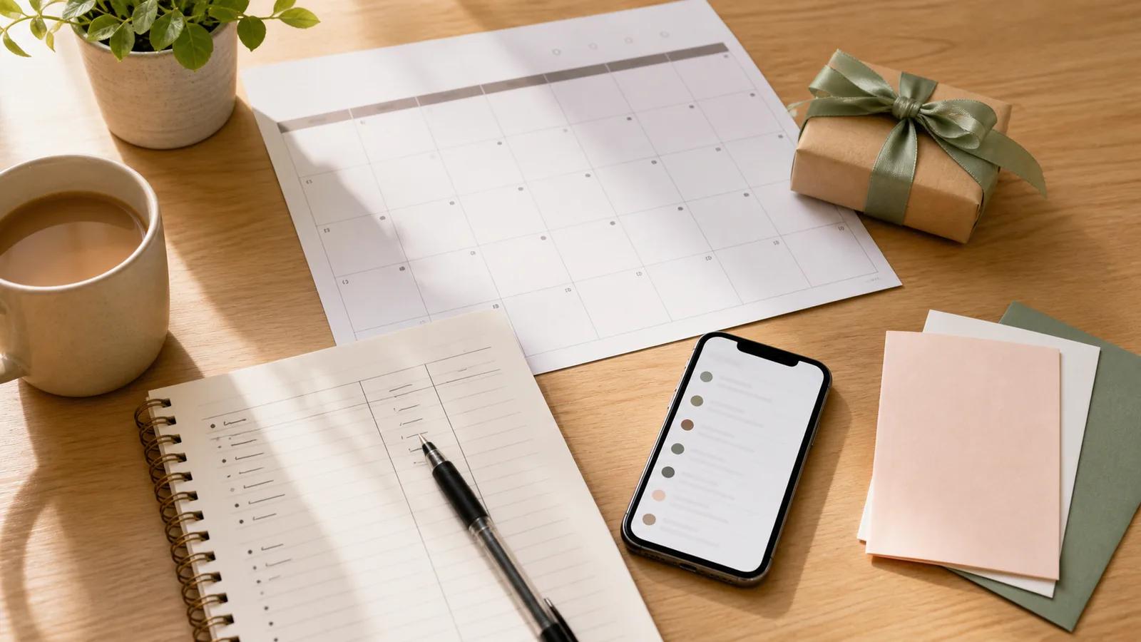 A desk with a monthly calendar, notebook, phone, greeting cards, and a small wrapped gift for planning gift expenses