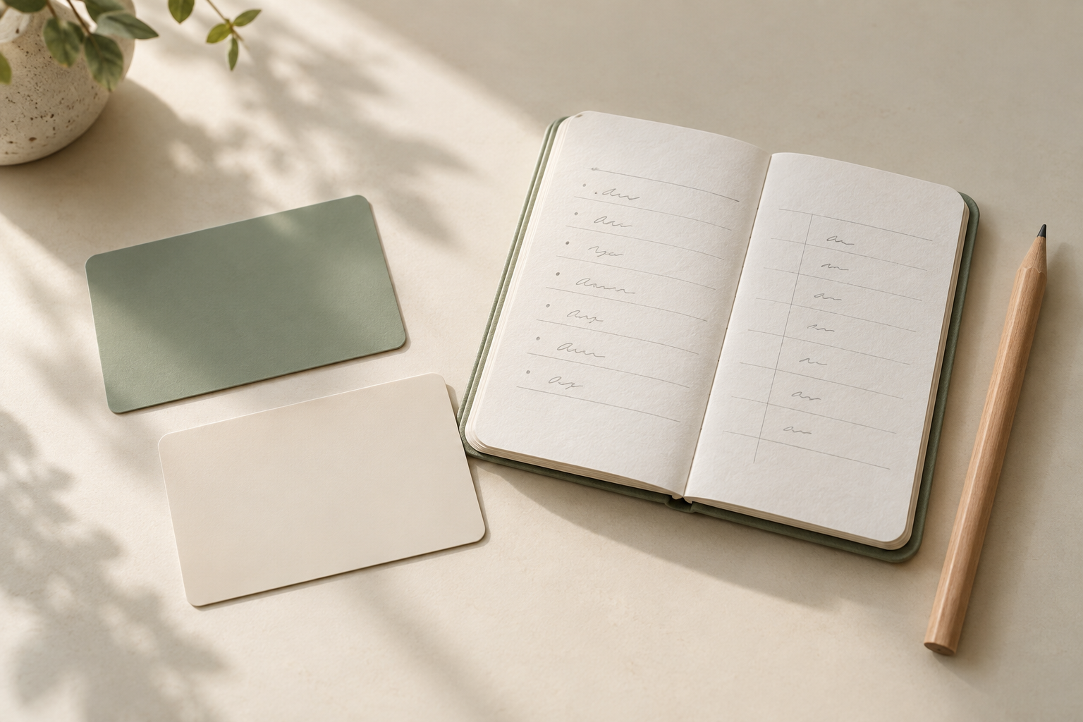 Two unbranded gift cards beside a notebook and pencil on a warmly lit tabletop
