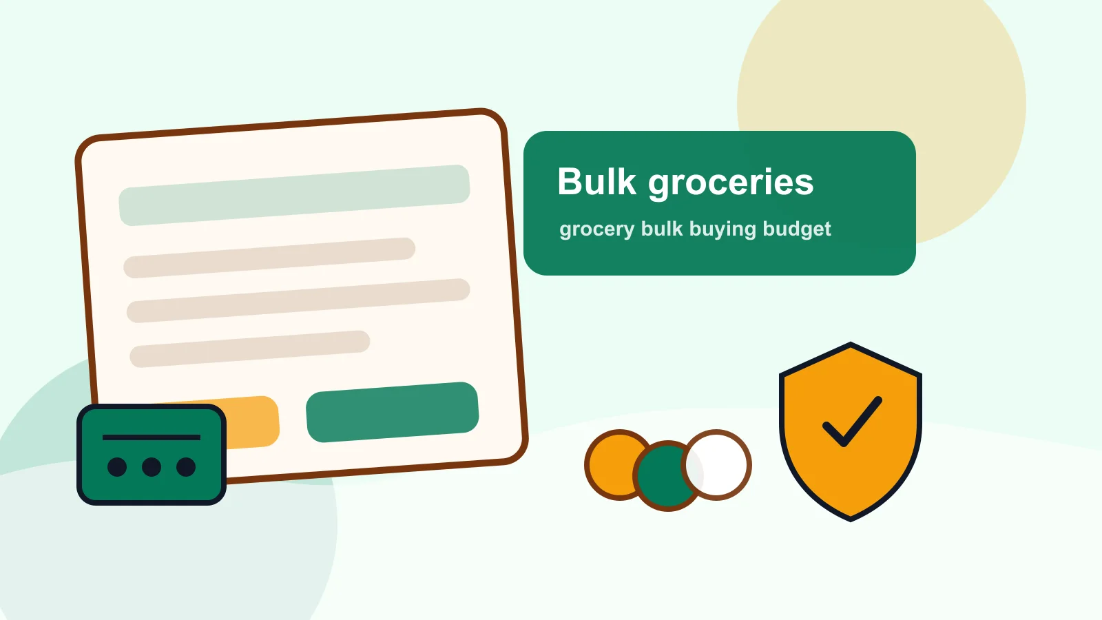 Bulk pantry jars, freezer labels, calculator, shopping list, and grocery receipt on a kitchen counter
