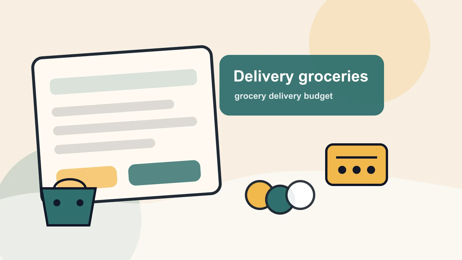 Phone grocery cart, delivery bag, receipt, coins, and meal notes arranged on a bright kitchen counter