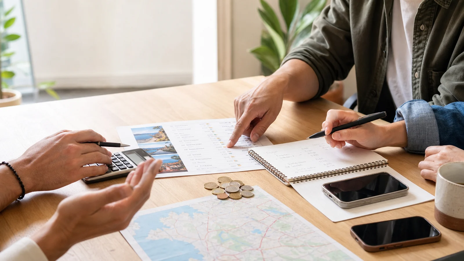 Friends planning a shared travel budget with a map, notebook, calculator, coins, and phones on a bright table