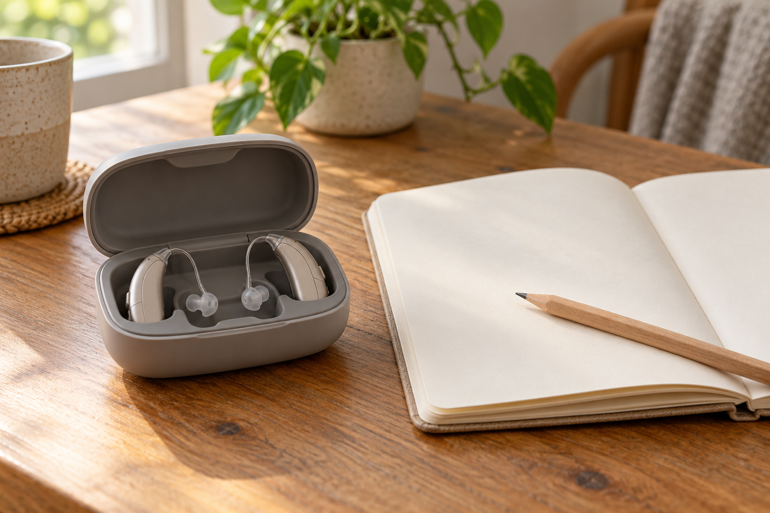 Unbranded hearing aids in an open case beside a blank notebook and pencil on a wooden table
