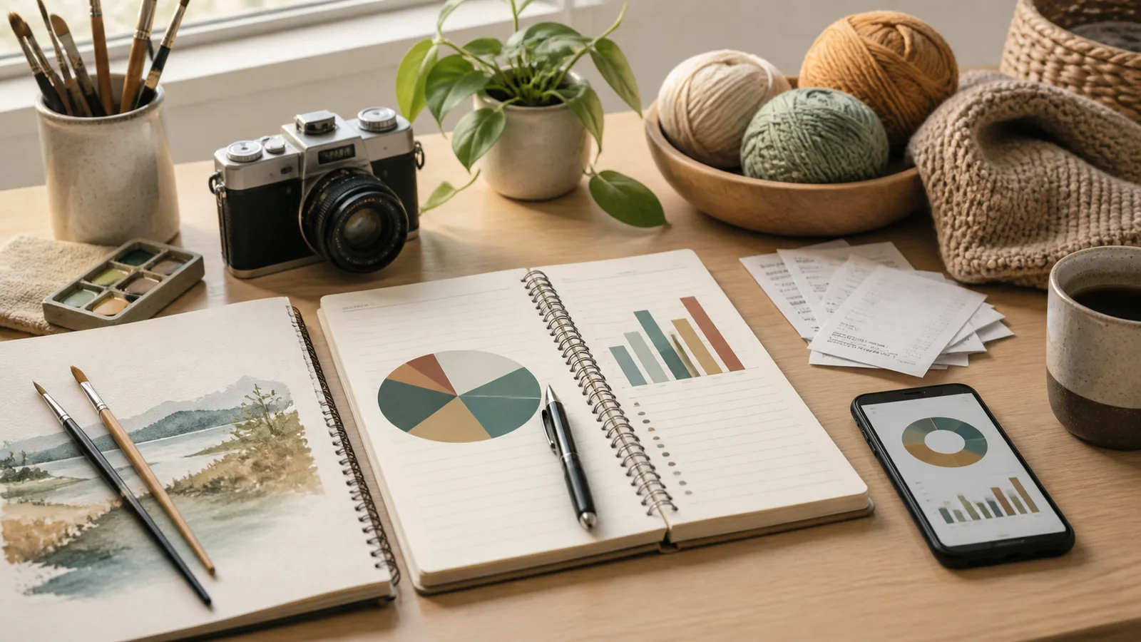 Desk with hobby supplies, a budget notebook, receipts, and a phone showing a simple spending chart