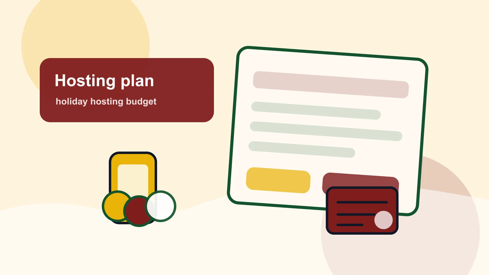 Dining table plan with grocery list, candles, serving bowls, coins, and a calculator for holiday hosting