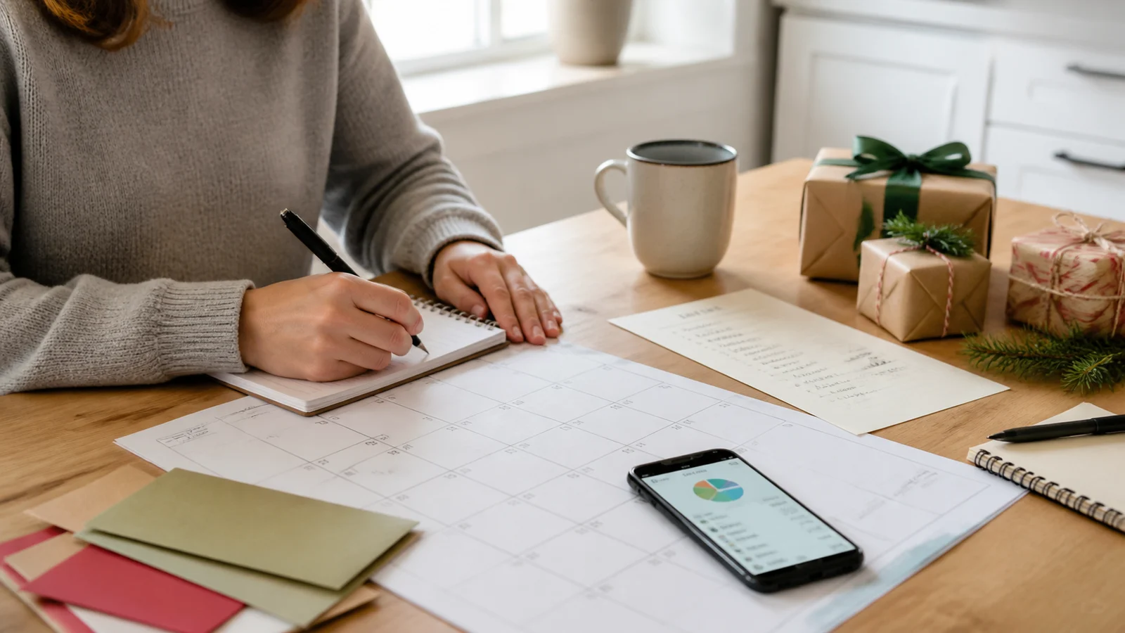 Person writing a holiday spending plan beside a calendar, small wrapped gifts, envelopes, and a phone with spending categories