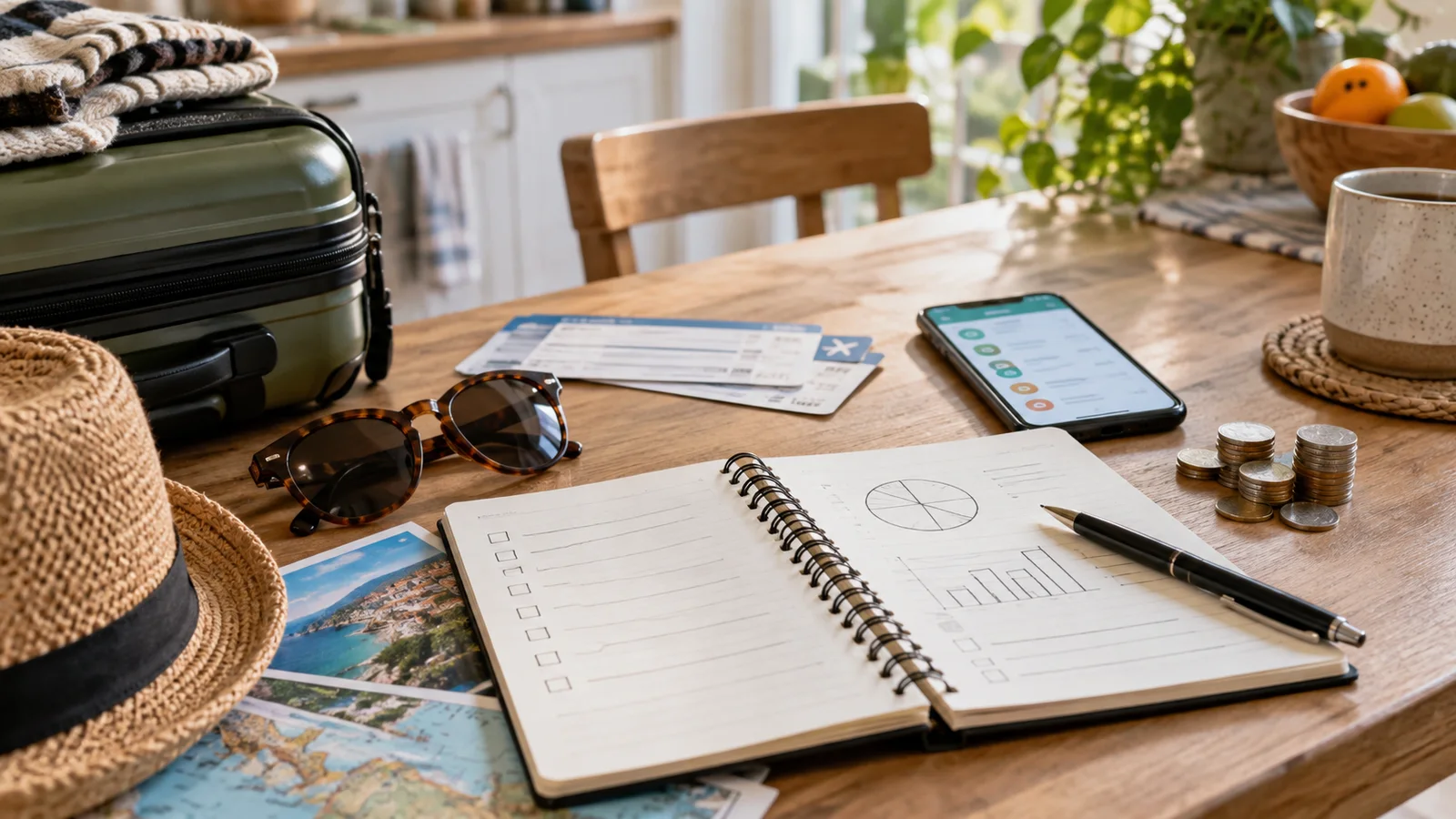 Notebook travel budget with tickets, phone expense list, coins, pen, and small suitcase on a kitchen table