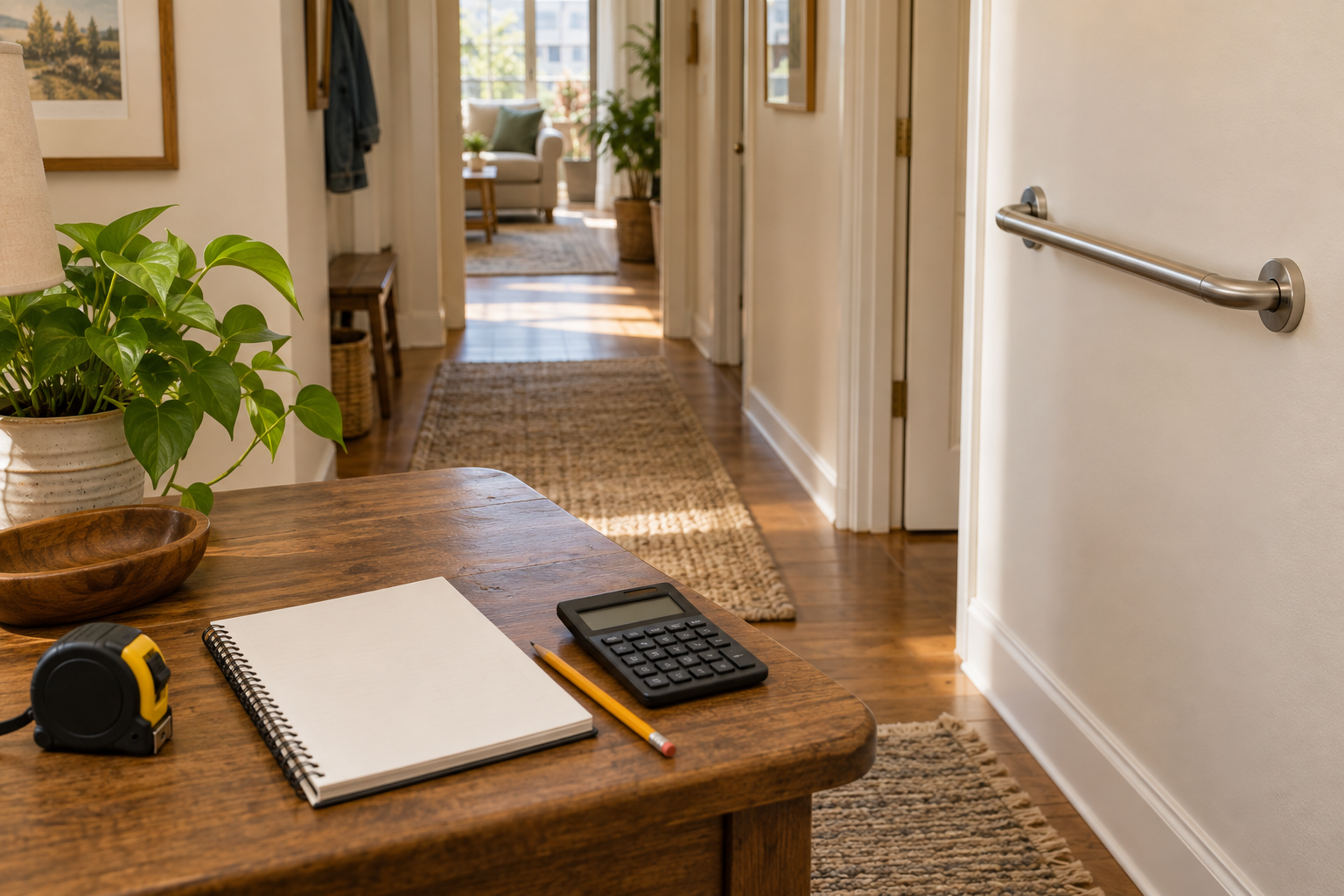 Sunlit home hallway with a grab bar and a nearby table holding a measuring tape, blank notepad, pencil, and calculator