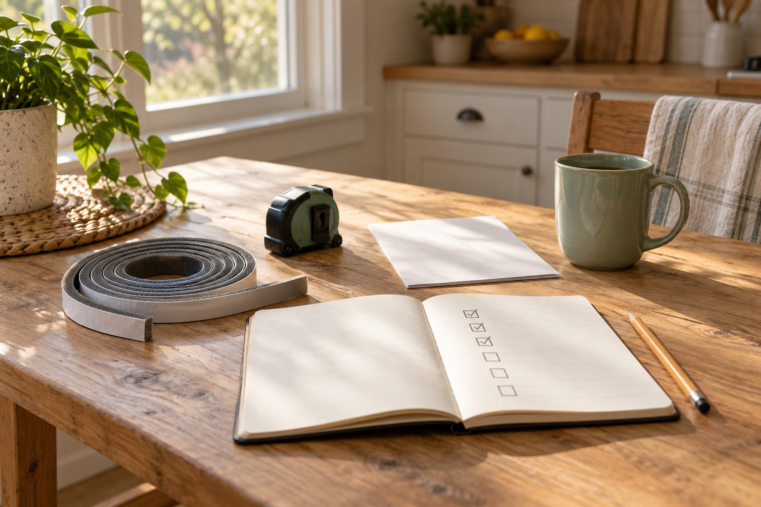 Weatherstripping, a tape measure, pencil, and notebook on a sunlit kitchen table beside a face-down utility bill