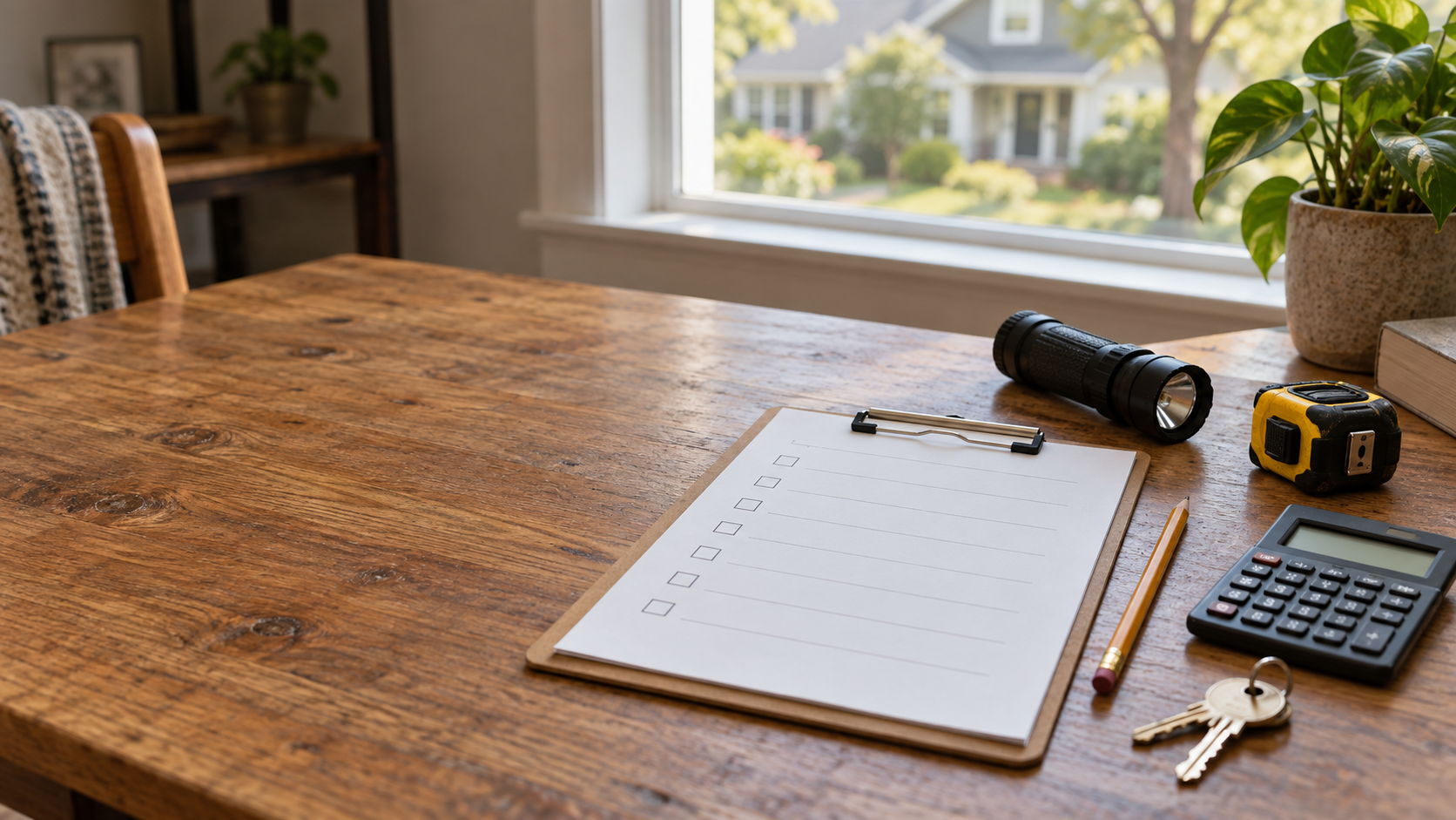 Clipboard with a blank inspection checklist, flashlight, tape measure, house keys, and calculator on a wooden desk